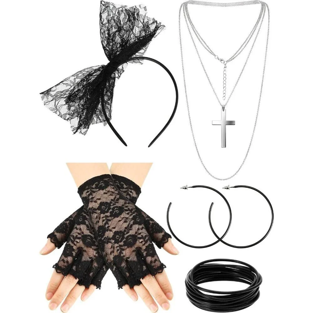 80s Costume Accessories Lace Headband Earrings Fishnet Gloves Necklace Bracelet